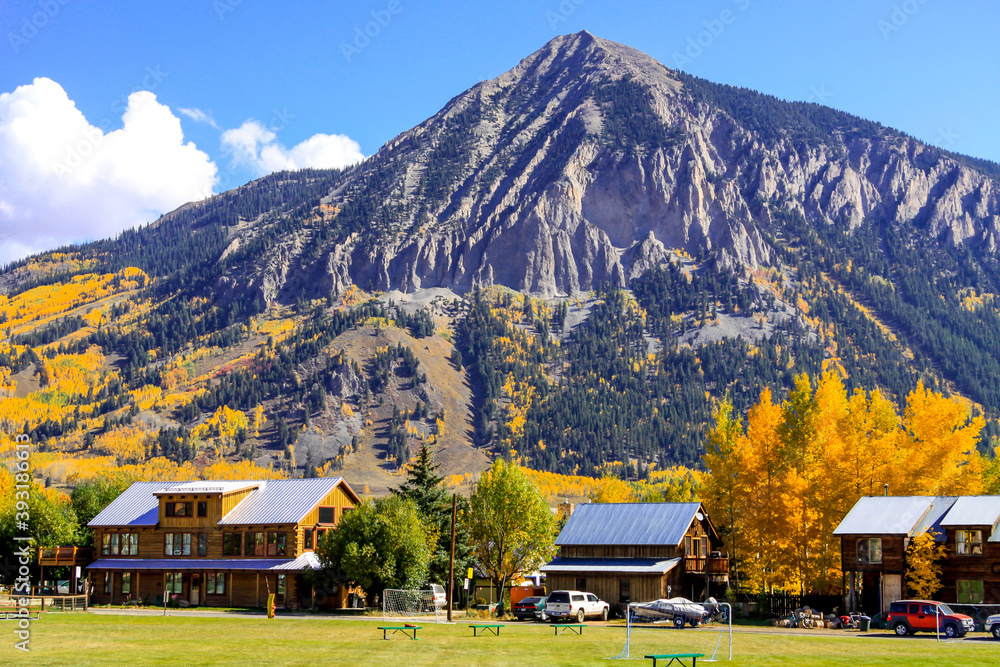 Crested Butte Homes - Homes in Crested Butte Colorado with soccer nets in the foreground and Mt. Crested Butte in background in the fall