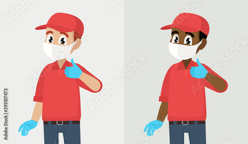 Man making agree, positive symbol. Courier or deliveryman in mask and gloves showing thumbs up sign. Person gesturing like or good. Corona virus outbreak. © Jakkarin 14