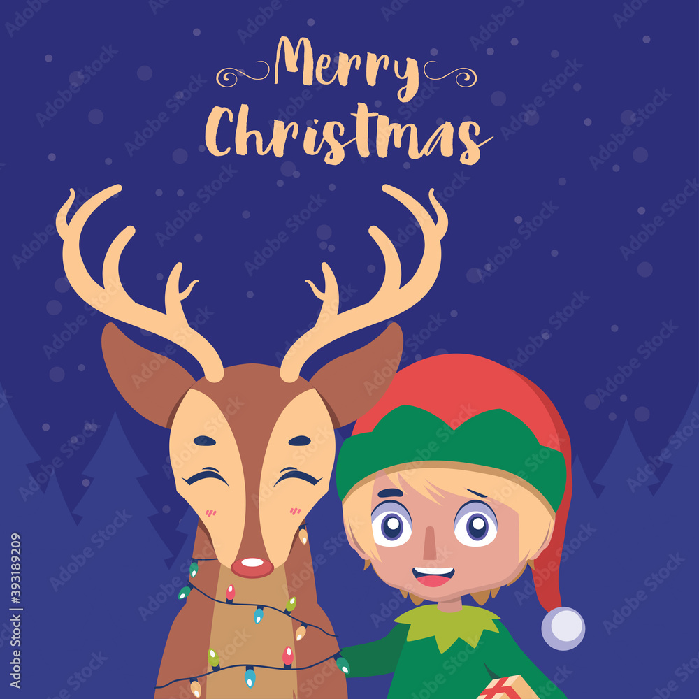 Christmas greeting with happy elf and reindeer