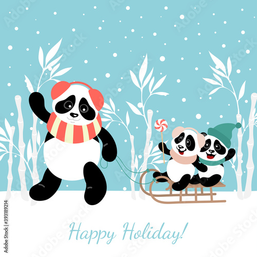 Secondary image of a panda mom is rolling the children on a sled. Design elements for cards, flyers, banners.