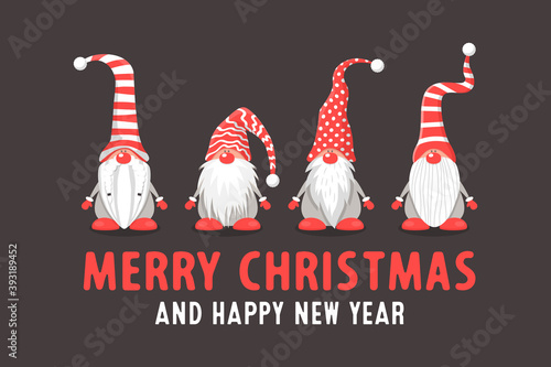 Merry Christmas Postcard. Four Vector Christmas Cute Gnomes with Red Caps in Flat Style on Dark Background. Dwarfs Design Template for Merry Christmas and Happy New Year Card. Cartoon Kids Characters