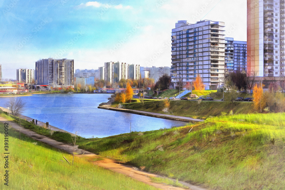 Modern city apartments near the pond colorful painting