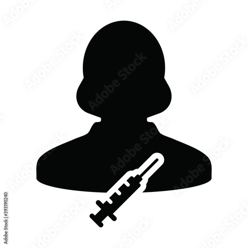 Immunization icon vector with vaccine syringe female user person profile avatar symbol for medical and healthcare in a glyph pictogram illustration