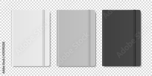 Vector 3d Realistic White, Gray, Black Closed Blank Paper Notebook Set Isolated on Transparent Background. Design Template of Copybook with Elastic Band for Mockup, Logo Print. Top View
