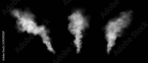 Set of vector transparent smoke effects isolated on black background