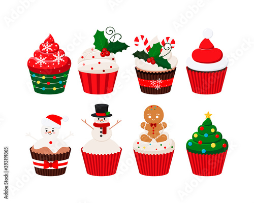 Christmas cupcakes set - cute winter sweets food. Xmas icing muffin santa claus hat, snowman, christmas tree, sugar cream with mistletoe, giengerbread man. Flat cartoon dessert vector illustration.