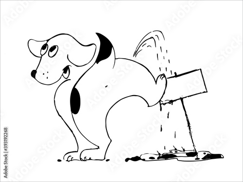 A cheerful puppy with a black spot pees on a plate. Vector illustration.