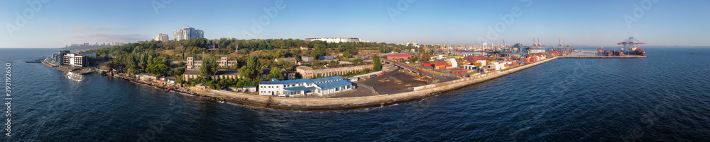 Odessa, Ukraine: port container terminal along seashore panoramic view