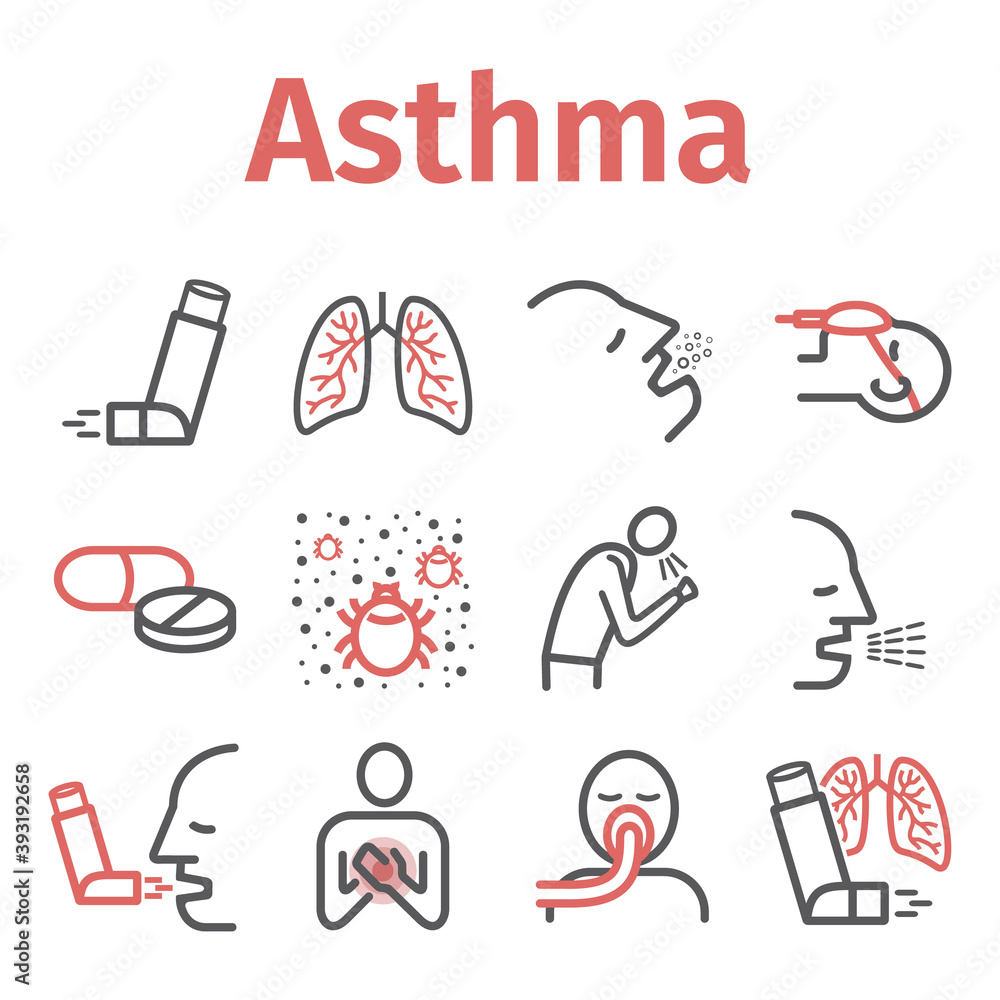 Obraz Asthma banner. Symptoms. Asthma line icons. Vector signs for web graphics.