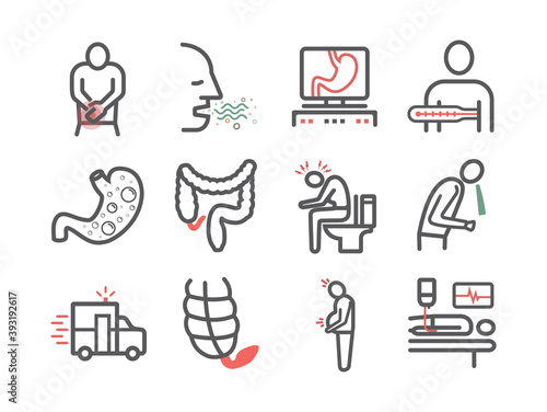 Appendicitis. Symptoms, Treatment. Line icons set. Vector signs for web graphics.