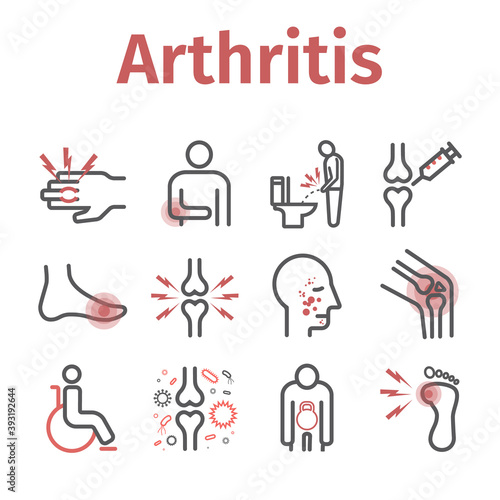 Arthritis. Symptoms, Treatment. Line icons set. Vector signs for web graphics.