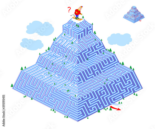 Logic puzzle game with labyrinth for children and adults. Help the skier get down the mountain. Find the way. Worksheet for kids brain teaser book. IQ test. Play online. Flat vector illustration.
