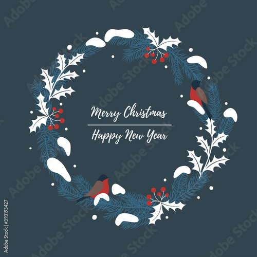 Christmas wreath with a winter tree, bullfinches and rowan bunches. Greeting card. New Year and Christmas design.