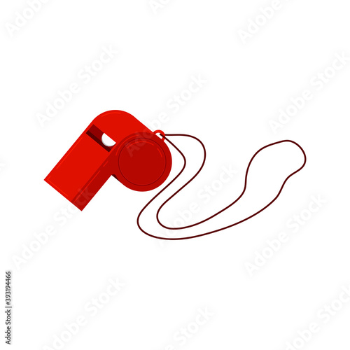 Whistle on a lanyard with ball icon isolated on white background. Red sport referee whistle flat design cartoon style vector illustration. Sports sign, soccer symbol, coach or trainer equipment.