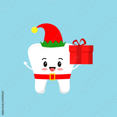 Chistmas tooth with gift in elf costume with red hat and belt icon isolated on background. Dental holiday character white funny tooth with present. Flat design cartoon vector dentistry design element.