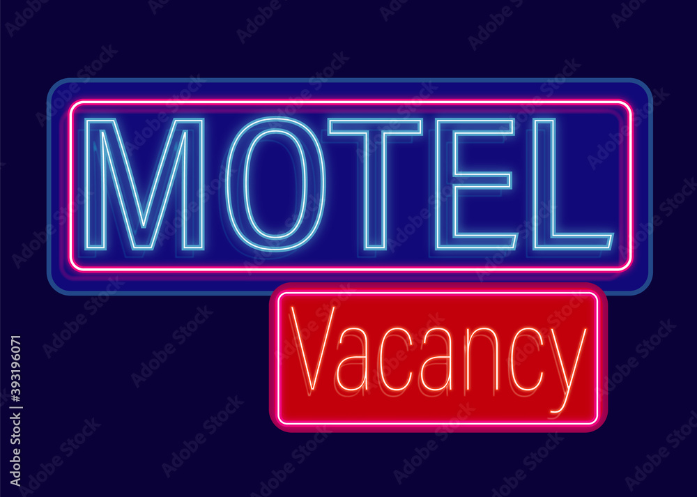 Sign with the words Hotel - Vacancy with neon letters. Bright colors isolated illustration on dark background