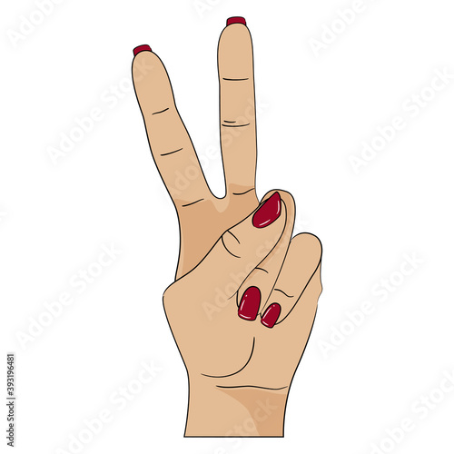 Victory gesture female hand, stock vector illustration.