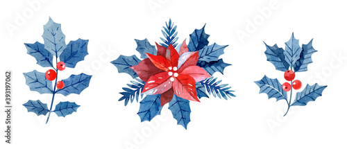 Set of Christmas floral elements, bouquet with holly and poinsettia and holly branches. Hand drawn watercolor illustration on white background