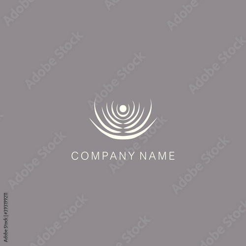 A simple, minimalistic, stylized symbol or logo of the lotus flower, composed of several elements. Made with a thin line and spot.