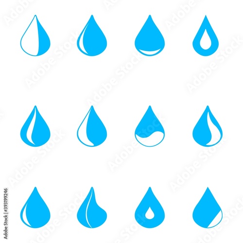 Set of icons. A drop of water, different shapes, blue. flat drops logo. Template for logos. Flat illustration. Vector image