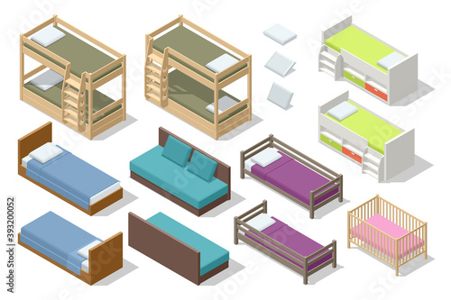 Isometric set of different types of beds for children and teenagers isolated on white. Icons of wooden furniture.