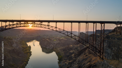 drone view of a bridge at dusk