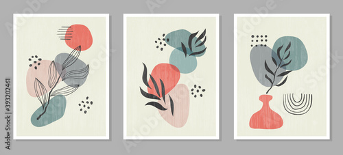 Abstract set of floral wall art. Trendy minimal vector illustration with geometric shapes and leaves for cover, fabric, interior decor or posters. © Afanasia