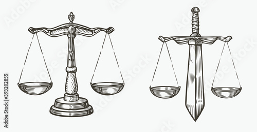 Scales of justice sketch. Jurisdiction, equity symbol vector illustration photo