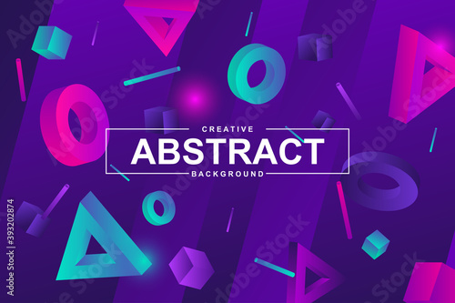 Neon design with 3d geometric elements in memphis style. Colorful creative background for landing page, web banner or wallpaper. Minimal composition, graphic pattern with header vector Illustration.