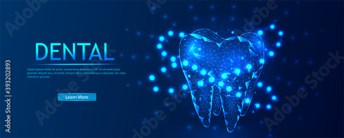 Abstract low-poly shiny bright tooth illustration. Dental care, dental clinic, dental medicine concept Medical healthy human tooth 3d. The model of medicine is low-poly. Dentist white toothpaste.