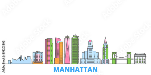 United States, New York Manhattan cityscape line vector. Travel flat city landmark, oultine illustration, line world icons
