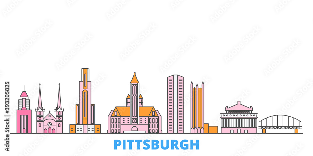 United States, Pittsburgh cityscape line vector. Travel flat city landmark, oultine illustration, line world icons