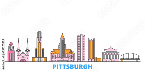 Obraz na płótnie United States, Pittsburgh cityscape line vector. Travel flat city landmark, oultine illustration, line world icons w salonie