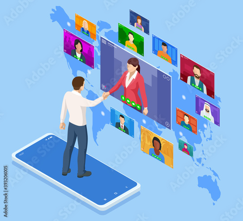 Isometric Online Business to Business Marketing, B2B Solution, business marketing concept. Two business partners shaking hands.