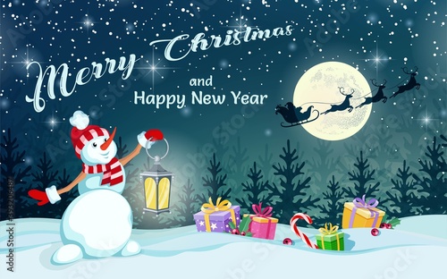 Cheerful snowman holds lamp in his hands. Santa Claus on sleigh with reindeer on background of full moon. Merry Christmas and Happy New Year. Greeting card, holiday poster and banner. Vector 
