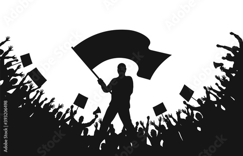 Crowd of people silhouettes. Man with flag and crowd of protesters with raised hands, banners, megaphone. Demonstration, strike and revolution. Political protest and struggle for human rights. Vector
