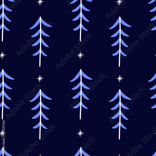 Christmas or fir tree seamless pattern with snowflakes on dark blue background. Vector hand drawn illustration. 