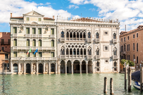 Beautiful view of beautiful Ca' d'oro (Golden House) on famous Canal Grande from Ponte di Rialto at sunset in Venice, Italy