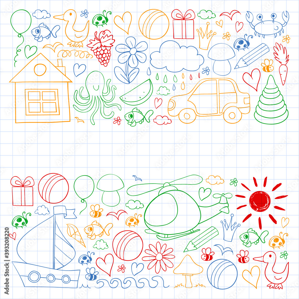 Fototapeta Vector kindergarten pattern with helicopter, house, toys, ship. Boys and girls online education.