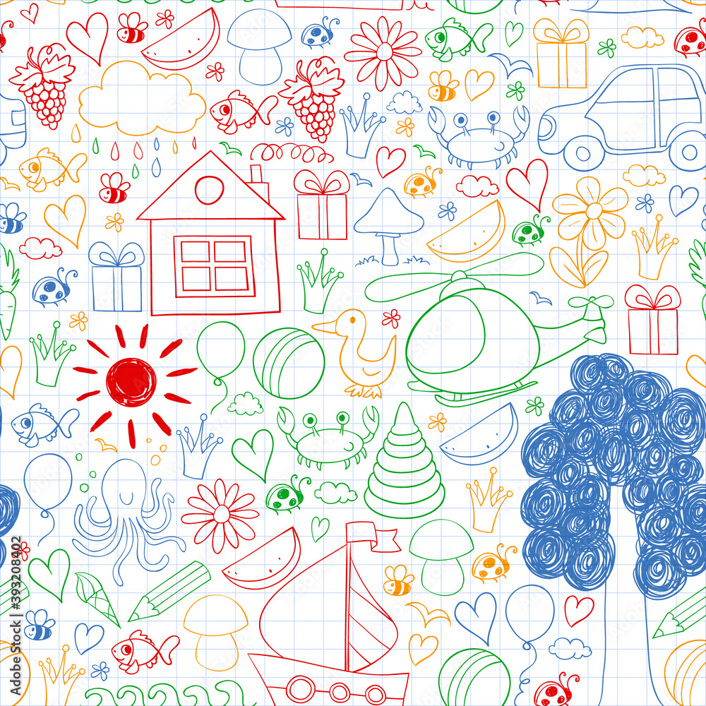 Vector kindergarten pattern with helicopter, house, toys, ship. Boys and girls online education. Vector kindergarten pattern with helicopter, house, toys, ship. Boys and girls online education.