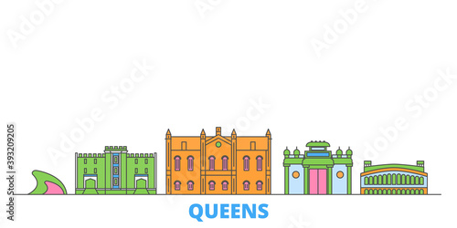 United States, New York Queens cityscape line vector. Travel flat city landmark, oultine illustration, line world icons