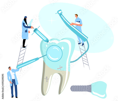 Dental clinic.Tiny doctors holding drill bit and cure huge molar tooth with caries, removing plaque. Medical orthodontic instruments.Oral cavity disease. Dentistry service with implants.Vector