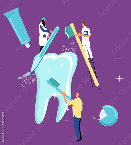 Teeth whitening concept.Dentistry service in clinic.Tiny characters brushing and cleaning huge molar with dental instruments.Oral cavity care.Routine medical procedure. Orthodontical equipment.Vector