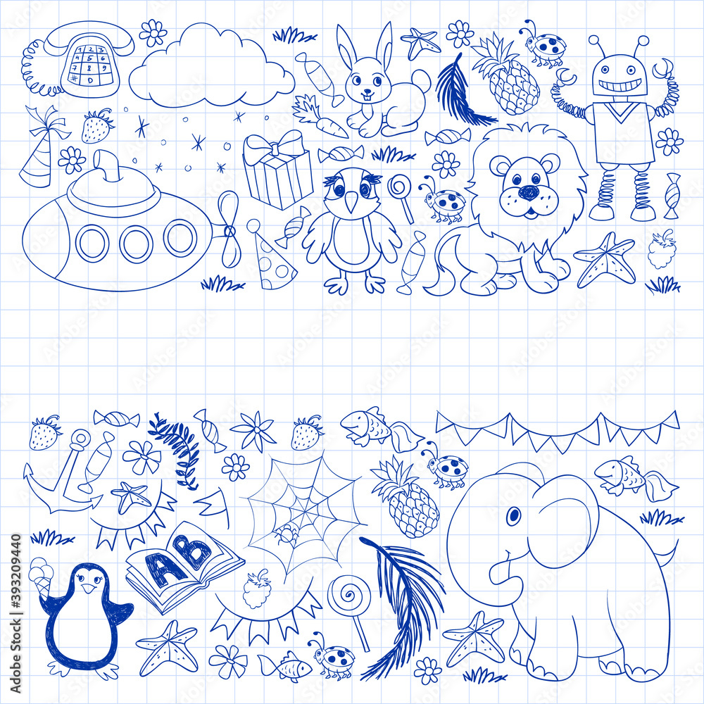 Vector kindergarten pattern with animals and toys. Illustration for little boys and girls. Vector kindergarten pattern with animals and toys. Illustration for little boys and girls.