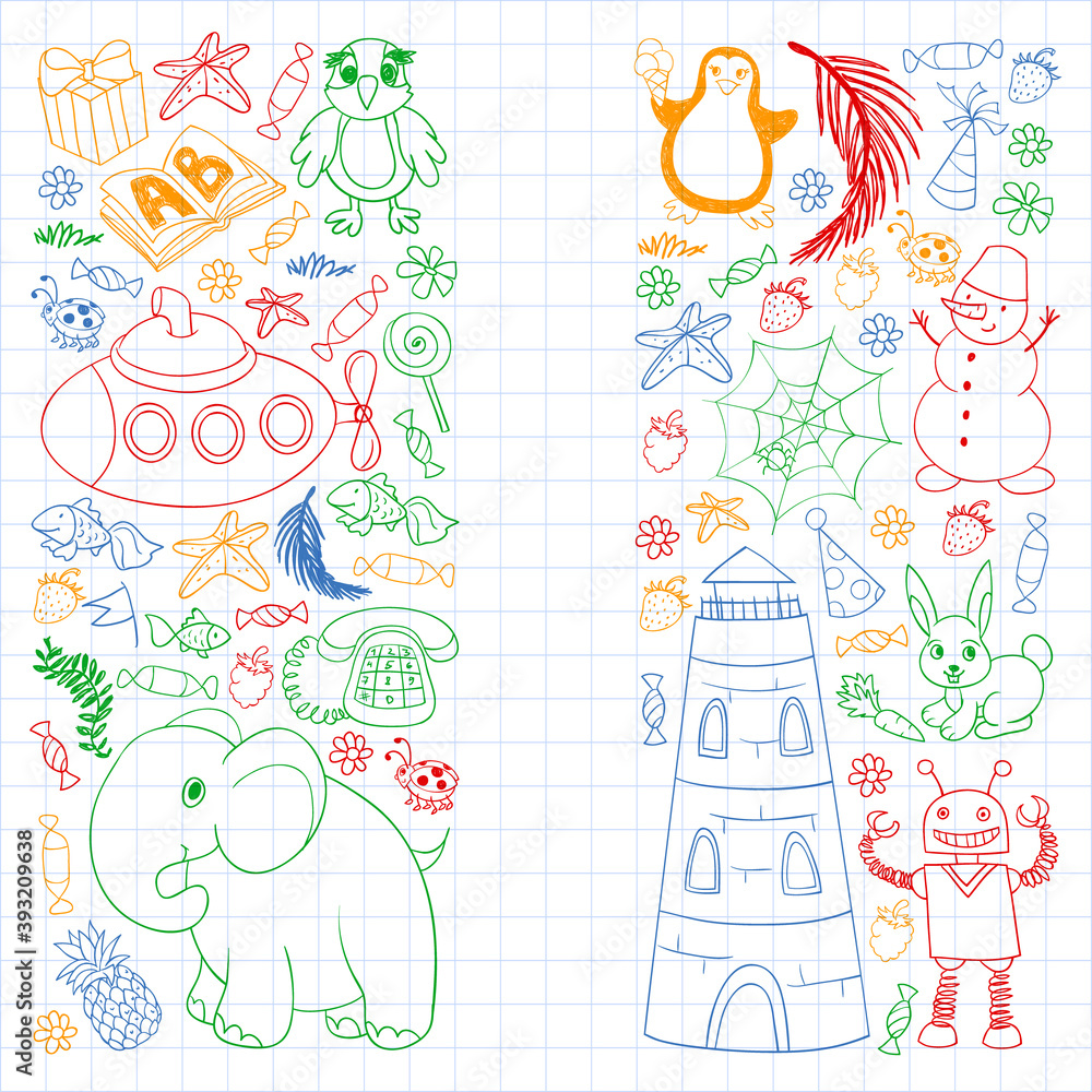 Fototapeta premium Vector kindergarten pattern with animals and toys. Illustration for little boys and girls.