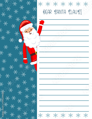 Cute Letter from Santa Claus. Vector template. Beautiful illustration with flat character Santa Claus and deer. Hand drawn vector illustration.