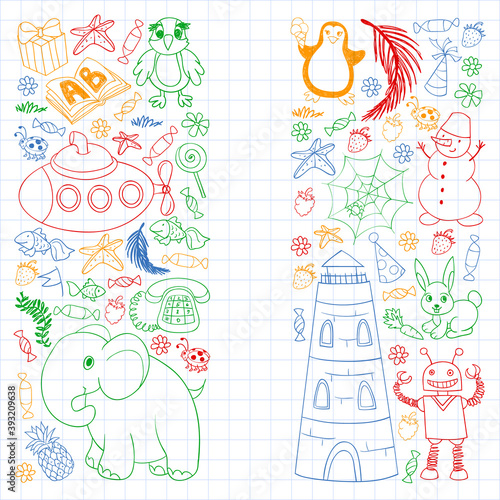 Vector kindergarten pattern with animals and toys. Illustration for little boys and girls.