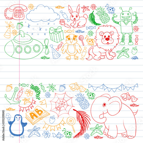 Vector kindergarten pattern with animals and toys. Illustration for little boys and girls.