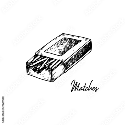Hand drawn box with matches isolated on white background. Vector illustration in sketch sty