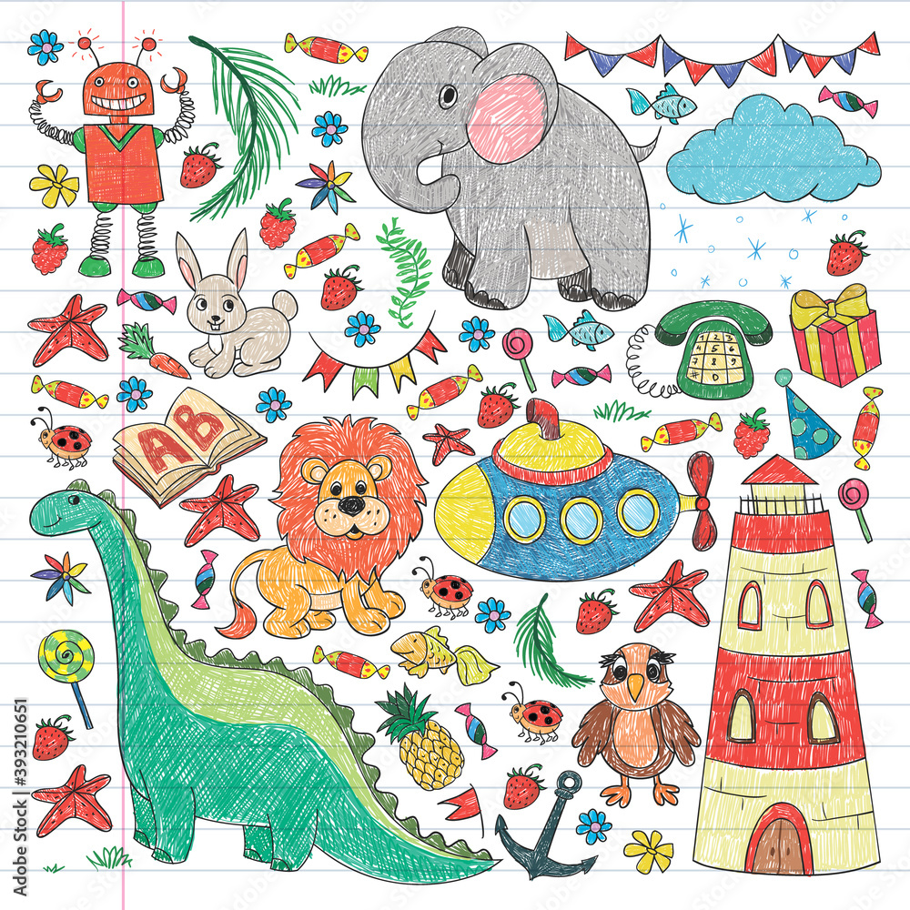 Naklejka premium Vector kindergarten pattern with animals and toys. Illustration for little boys and girls.